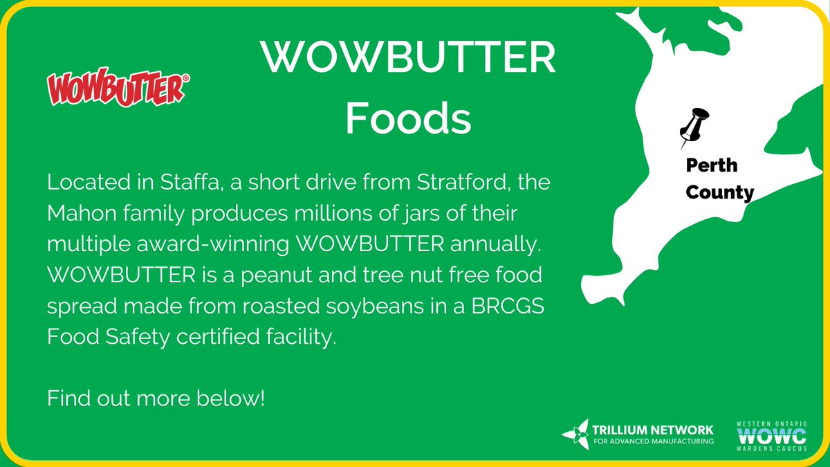 TrilliumMfg's tweet photo. Located in Staffa, a short drive from Stratford, the Mahon family produces millions of jars of their multiple award-winning #WOWBUTTER annually.
@WOWBUTTER_com is a peanut and tree nut-free food spread made from roasted soybeans in a BRCGS Food Safety certified facility. ⬇️⬇️ https://t.co/Htmd7h2paw