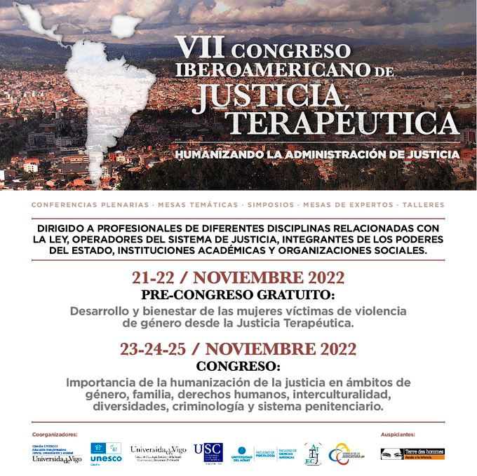 AzuayCJ's tweet photo. #Cuenca será sede del VII Congreso Iberoamericano de Justicia Terapeútica, que congrega a academicos, profesionales y estudiantes, con el fin de abordar las acciones que pemiten humanizar la administración de justicia.

Mayor información e inscripciones: https://t.co/Dy8ZDZOIX3 https://t.co/rsgJo93v4S