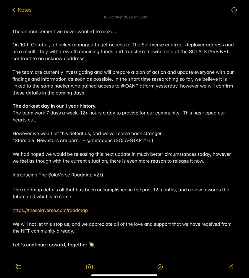 The darkest day we've had in the NFT space.

We can confirm a hacker has stolen 27.2 ETH and transferred ownership of the SOLA-STAR contract to an unknown address.

The team are currently working on a plan of action and will work closely with the holders over the coming days.