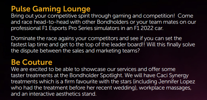 MarketingDerby's tweet photo. Bring your teams to the #BondholderSpotlight2022 tomorrow. Get competitive on the latest F1 eSports Pro Series simulators or get a treatment courtesy of @BeCoutureTrain 

Our exhibition stands will be on throughout the day starting from 8am to 5pm @ Main Area and Roots Café Bar. https://t.co/WObDb46FGc