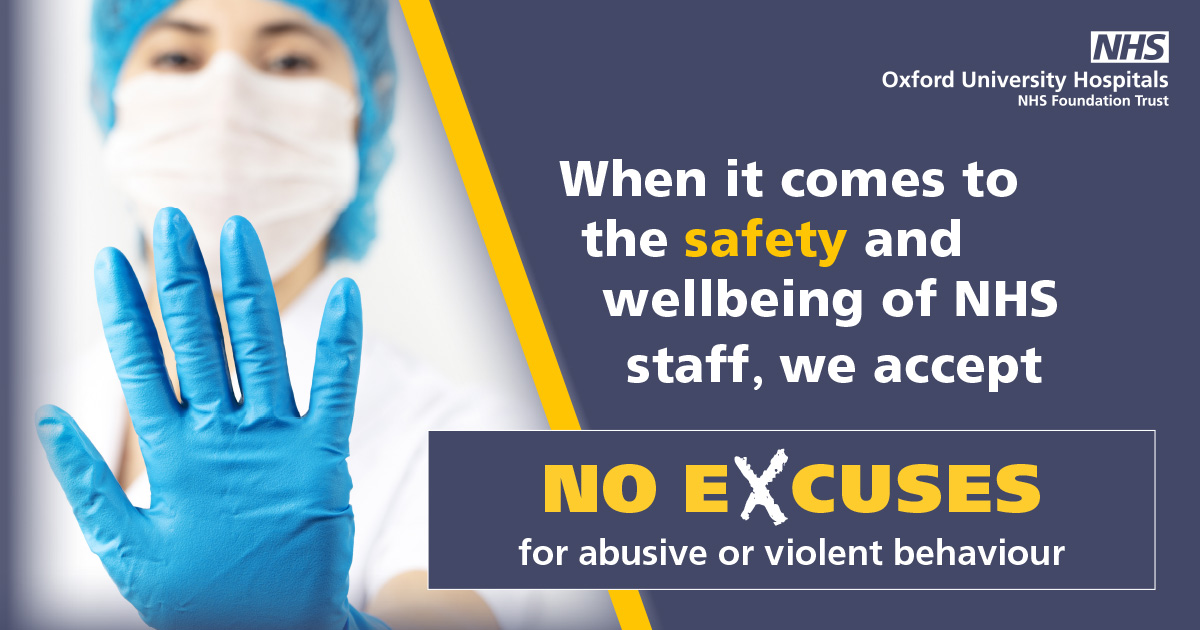 OUHospitals's tweet photo. 🗣️ "Everyone should be entitled to work in an environment where they feel safe and free from aggression or abuse."

We launched our No Excuses campaign earlier this year following a rise in abusive and aggressive behaviour towards our staff ⬇️ https://t.co/ZjdkSJT4py