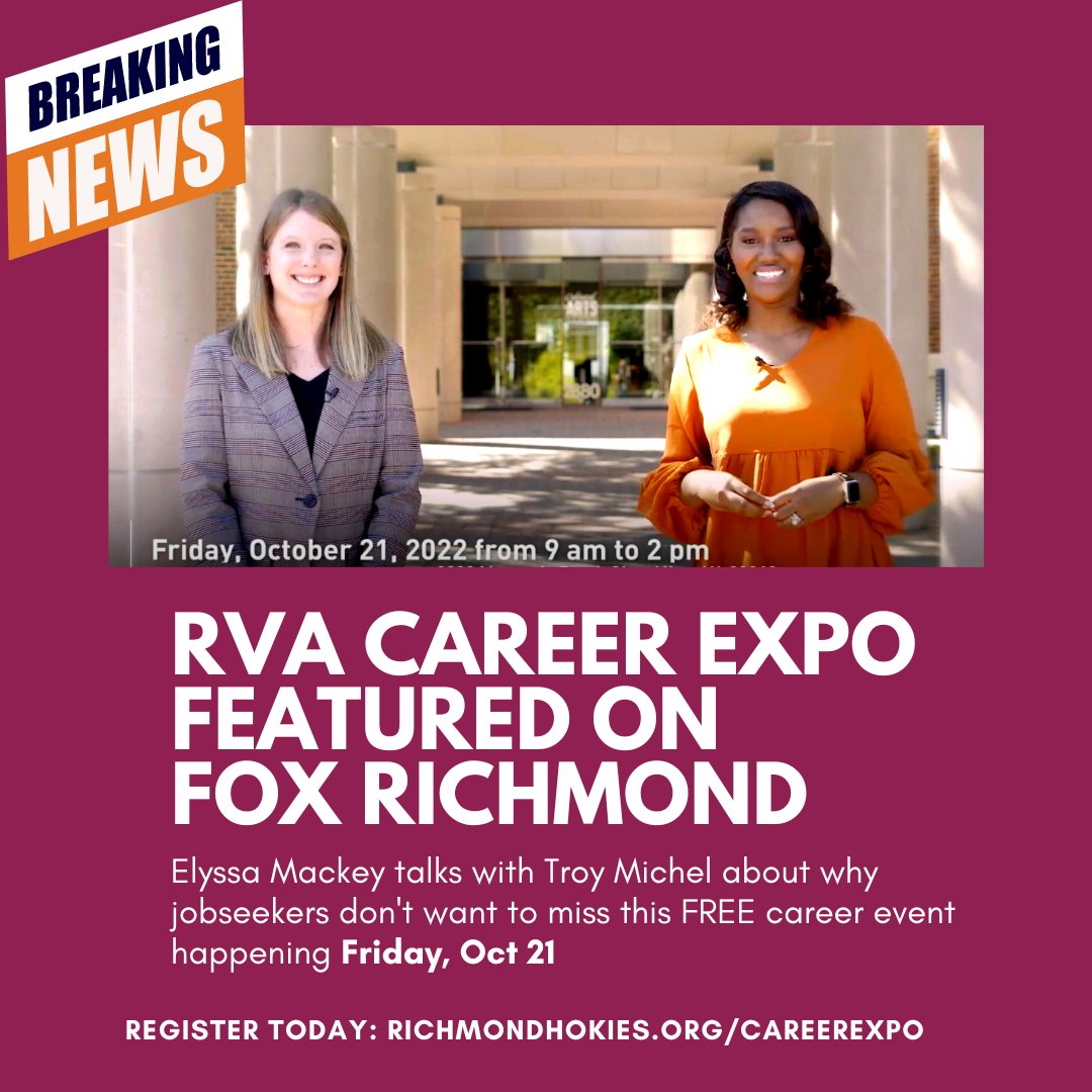 #RVACareerExpo is in the news! Check out Elyssa Mackey's talk with Michel Troy of <a href="/FoxRichmond/">FOX Richmond</a> about this FREE career event happening Friday, October 21, at the Cultural Arts Center of Glen Allen. youtube.com/watch?v=JanpeN…. Register today! #internship. #RVAjobs <a href="/FoxRichmond/">FOX Richmond</a>