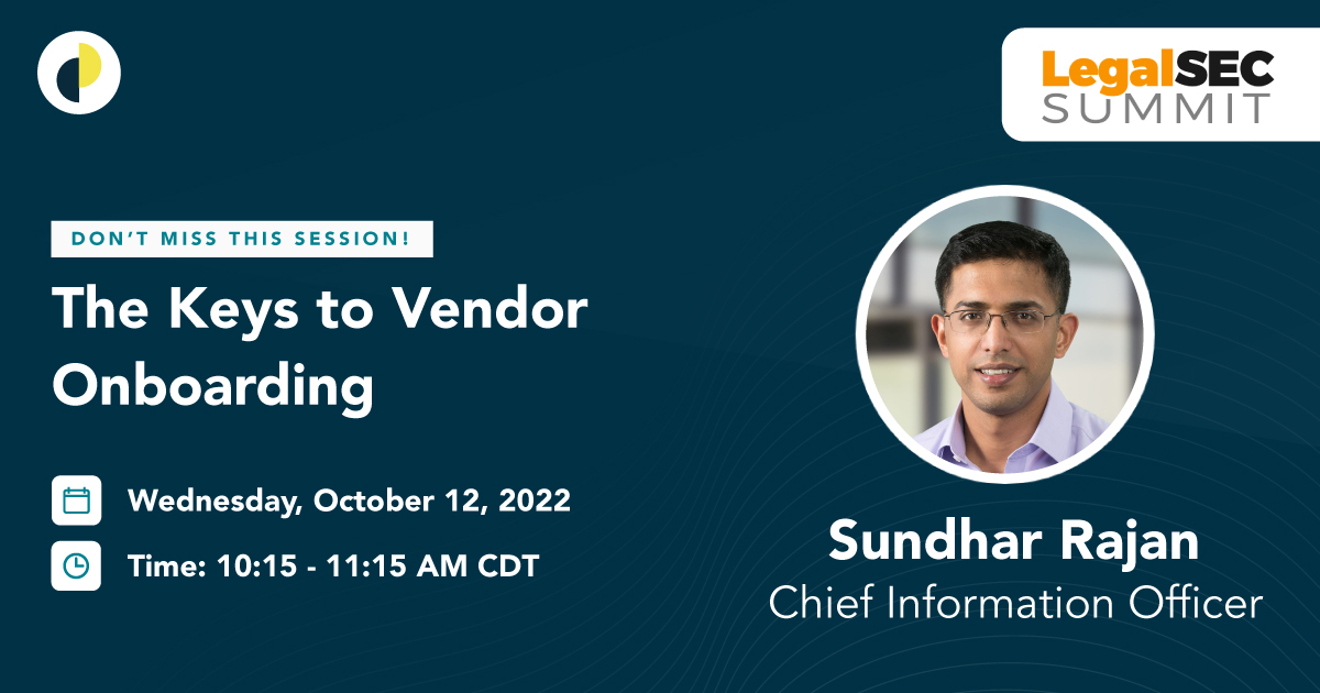 Casepoint's tweet photo. Last chance - Make sure you attend this session at the #LegalSEC22 Summit! Sundhar Rajan will be discussing the requirements and considerations when onboarding a new #cloud vendor. Learn more about this session here: https://t.co/UxCVNBe5AH  #WeAreILTA #LegalSEC @ILTANet https://t.co/RZ2bQZzUXw