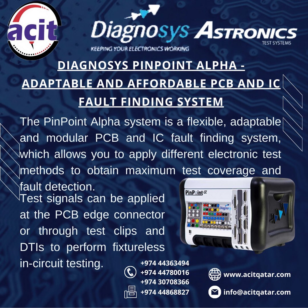 QatarAcit's tweet image. DIAGNOSYS PINPOINT ALPHA - ADAPTABLE AND AFFORDABLE PCB AND IC FAULT FINDING SYSTEM

For more visit
acitqatar.com

#diagnosys #astronics #testsystems #nationalinstruments #pcb 
 #testsolutions #electronicsystems #test #keepingyourelectronicsworking #acitqatar #qatar