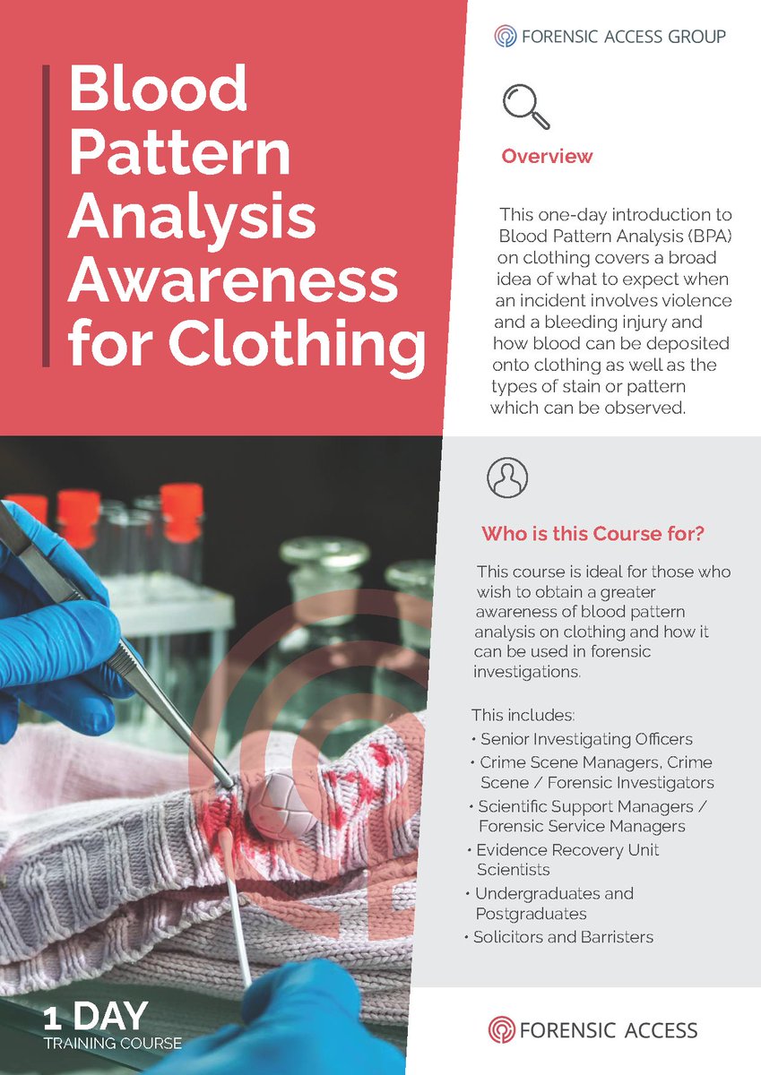ForensicAccess's tweet image. We have designed our #bloodpatternanalysis #training course for law enforcement and #legalprofessionals looking for a greater awareness of #bpa on clothing and how it can be used in forensic #investigations.

Contact us: ow.ly/Y20m50L7VB5

#crimesceneinvestigators #csi