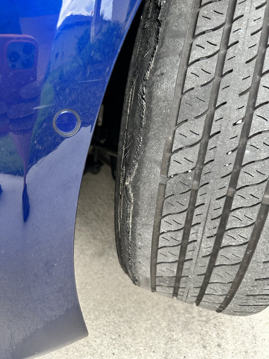 kylefsu32's tweet photo. @elonmusk worry less about trying to solve a war you’re not involved in, and more about fixing the @Tesla service problem. Have an alignment and tire issue but can’t get in for 2 weeks, so stuck driving on this.. https://t.co/2UPBE84wpW