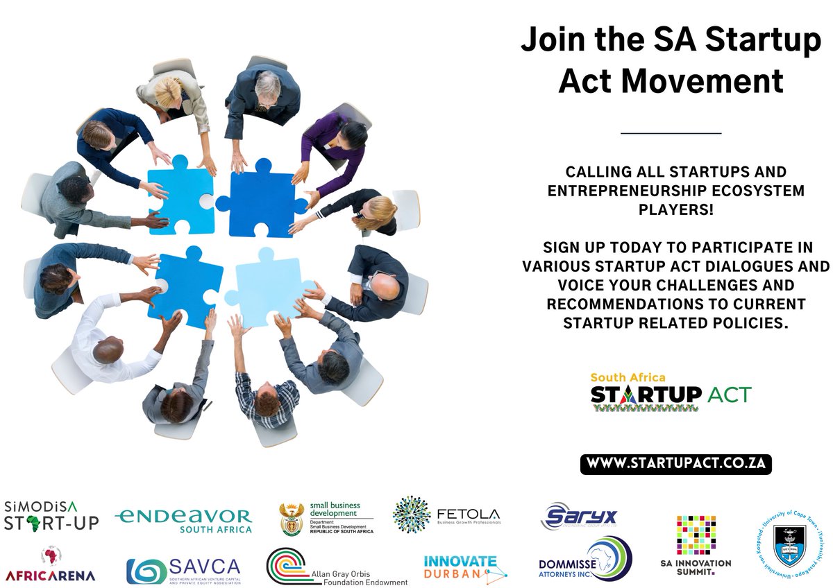Calling all startups to get involved in our various SA Startup Act Movement discussions, webinars, and dialogues to voice your challenges with current policies that make it difficult for startups to grow.  Join the Movement here: startupact.co.za/join-the-movem…