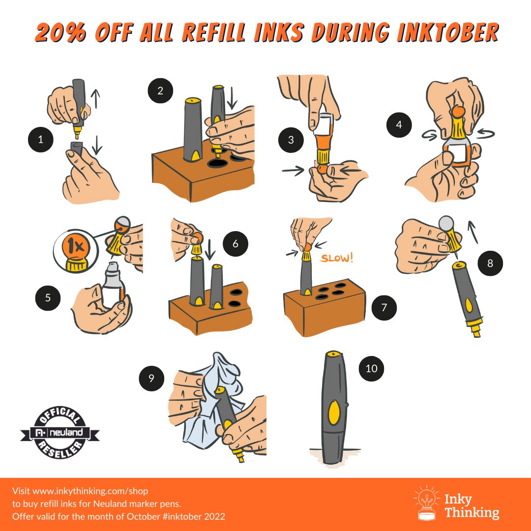 TheInkyShopUK's tweet photo. In support of artists taking up the #inktober challenge to draw & post an ink drawing for the 31 days of October, we are offering 20% off Neuland refill inks.
https://t.co/qFy9wtrt7n
#inktober2022 #inkythinking #neuland #uk #refillinks #sustainable #illustration #artist https://t.co/YRCNIG5VX0