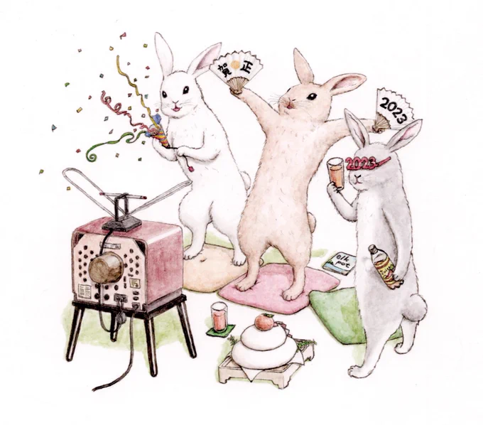 『RABBIT NEW YEAR!』ぼくらの出番がやって来る。あといくつ寝るとお正月?知ってる、まだ早いの※東急ハンズさんのオーダー年賀状の図案としてご依頼制作(10/8から受付開始)水彩/170×120mm#ウサギ  #水彩  #年賀状  #干支 