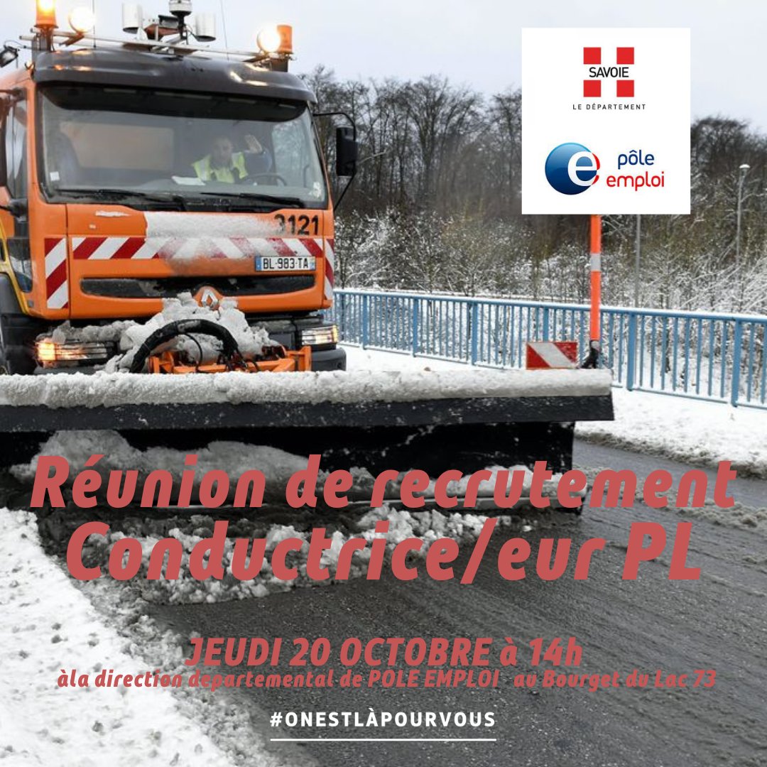 👉📅 [#TousMobilisés] <a href="/SavoieDepart/">Savoie Département</a>  et l'agence @poleemploi_ara #saintjeandeMaurienne organisent jeudi  20 octobre à 14h une réunion Recrutement. 
Pour t’inscrire c’est Ici mesevenementsemploi.pole-emploi.fr/.../even.../21… 

 #savoie, #chauffeur,#recrutement