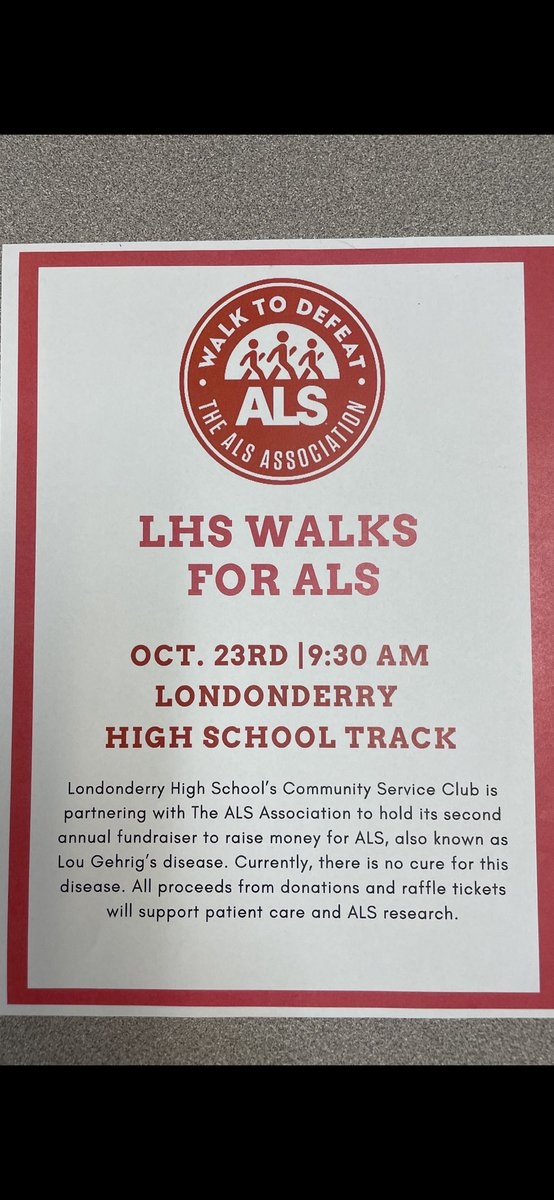 Please join Community Service Club for our second annual Walk for ALS on 10/23/22. We have over $1,300 in raffle prize donations from local restaurants and businesses. #WalkToDefeatALS  #ALSInThisTogether