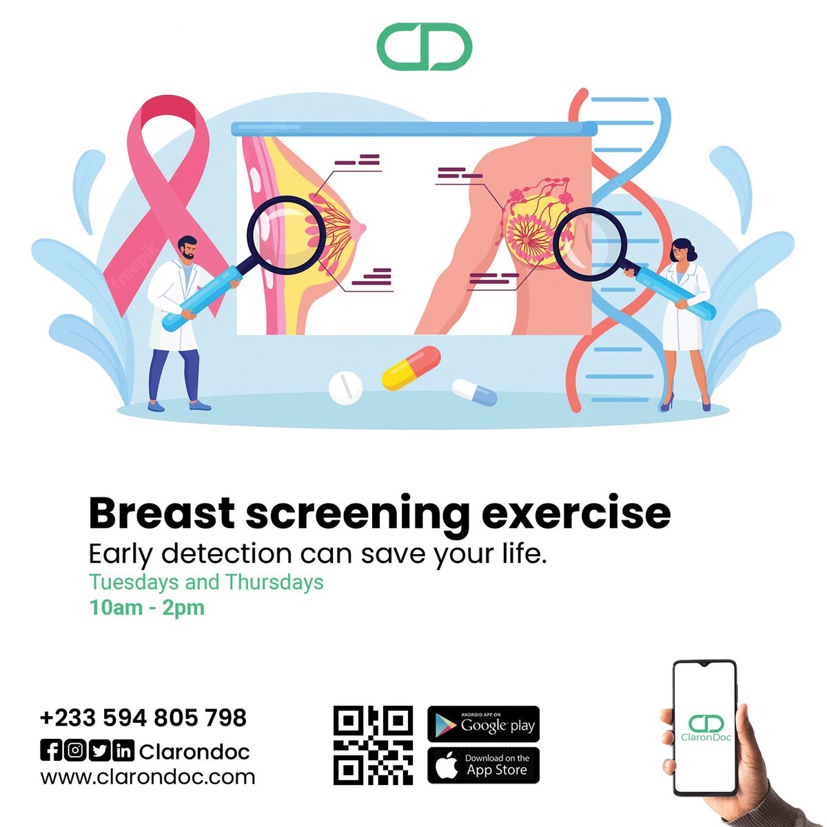 clarondoc's tweet photo. Early detection can save your life...
Get screened now!

Click link: https://t.co/OMOQZ8H3GJ

Call us 0594805798 / 0559047147

#ClaronDoc #Subscribe  #claroncares https://t.co/5jbmow58kB