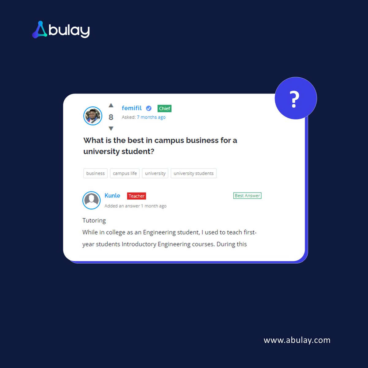 TalktoAbulay's tweet photo. What are the best Campus Businesses an Undergraduate can start?

Engage with Abulay - https://t.co/bapRHG6yLx

#abulay #abulayquestions #undergraduate #business #student https://t.co/H34yDbrrx7