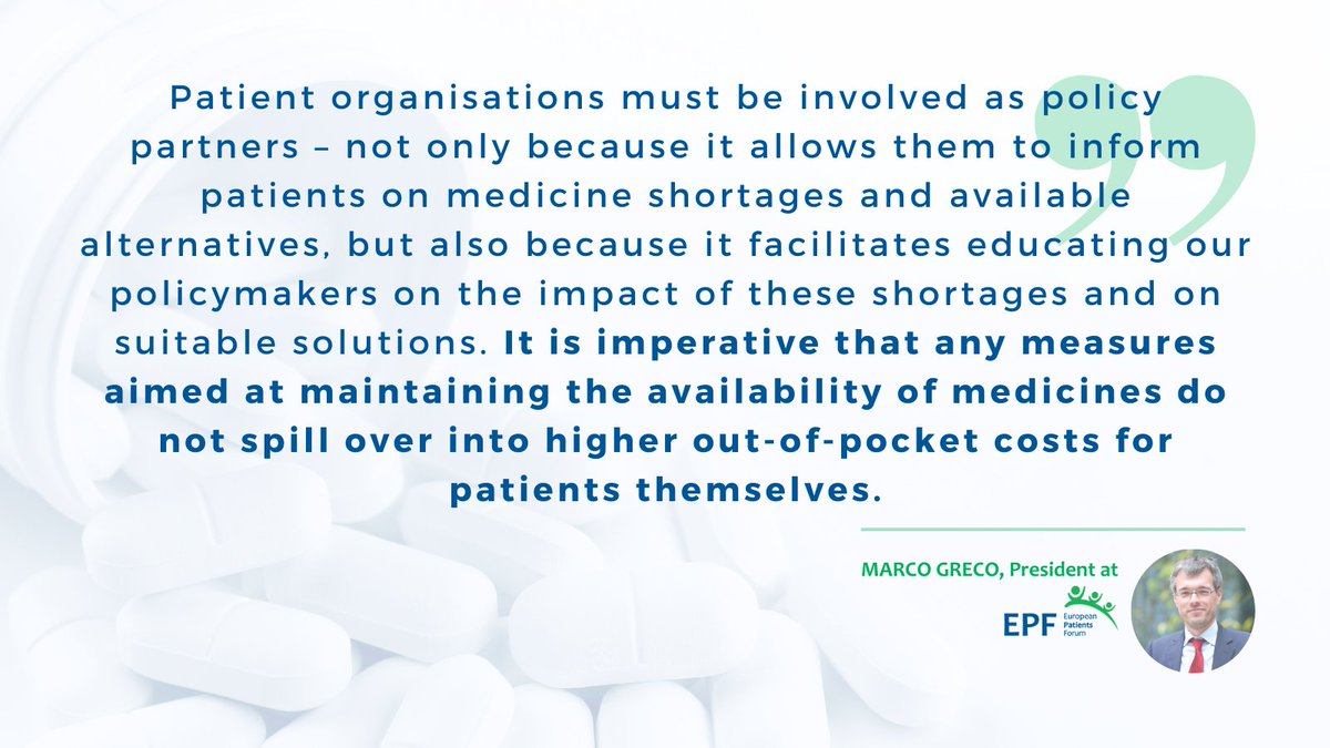 💊JUST IN – EPF President Marco Greco: “#Patientorganisations must be involved as policy partners.” Clear words at today’s <a href="/LivePOLITICO/">POLITICO Live</a> on #affordablemedicines.  

Did you follow the event today? Join us in the conversation on #protectingmedicines.