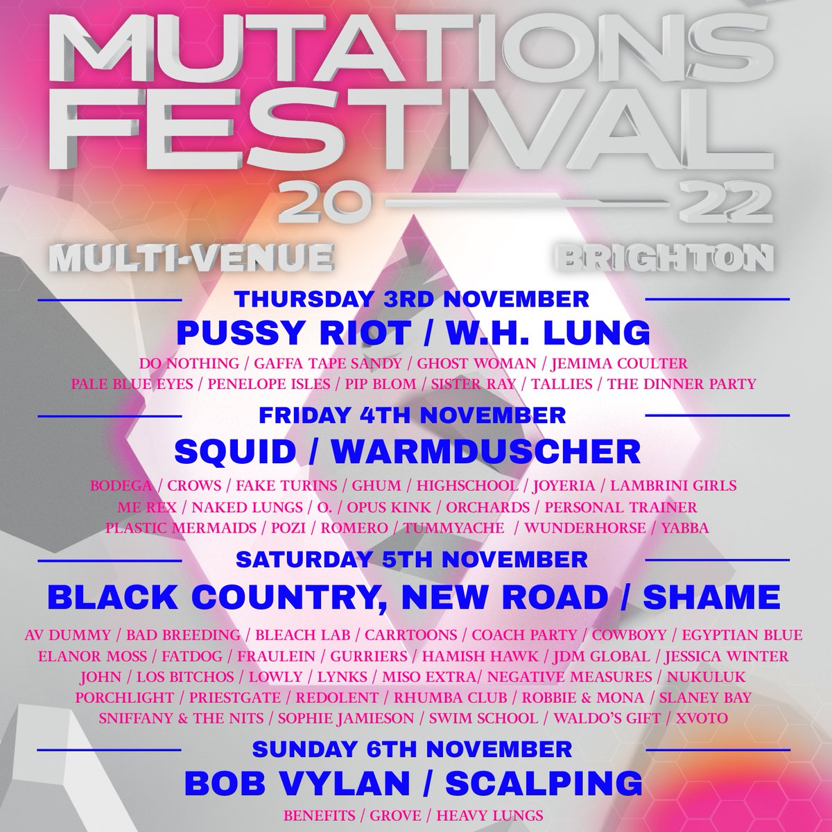 🔥 NEW NAMES ADDED!!! 🔥 

SHAME
HEAVY LUNGS
JESSICA WINTER
PALE BLUE EYES
JEMIMA COULTER
GHOST WOMAN
LOWLY
XVOTO
NEGATIVE MEASURES

We’re excited to announce 9 more brilliant acts, including a closing set on Sat night from one of our favourite bands, post-punk legends, SHAME!