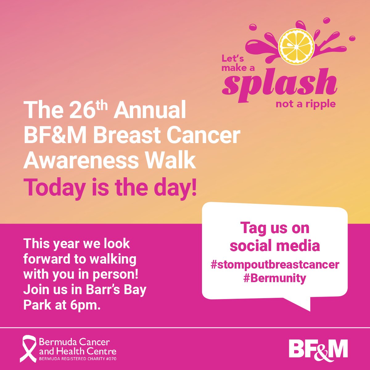 bfminsurance's tweet photo. TODAY IS THE DAY! Together, we're walking to #stompoutbreastcancer during the 26th Annual BF&amp;M Breast Cancer Awareness Walk. Join us in Barr's Bay Park at 4:30pm for our Health Fair. Walk starts at 6pm. We look forward to seeing you there! https://t.co/lQE9kK47dS