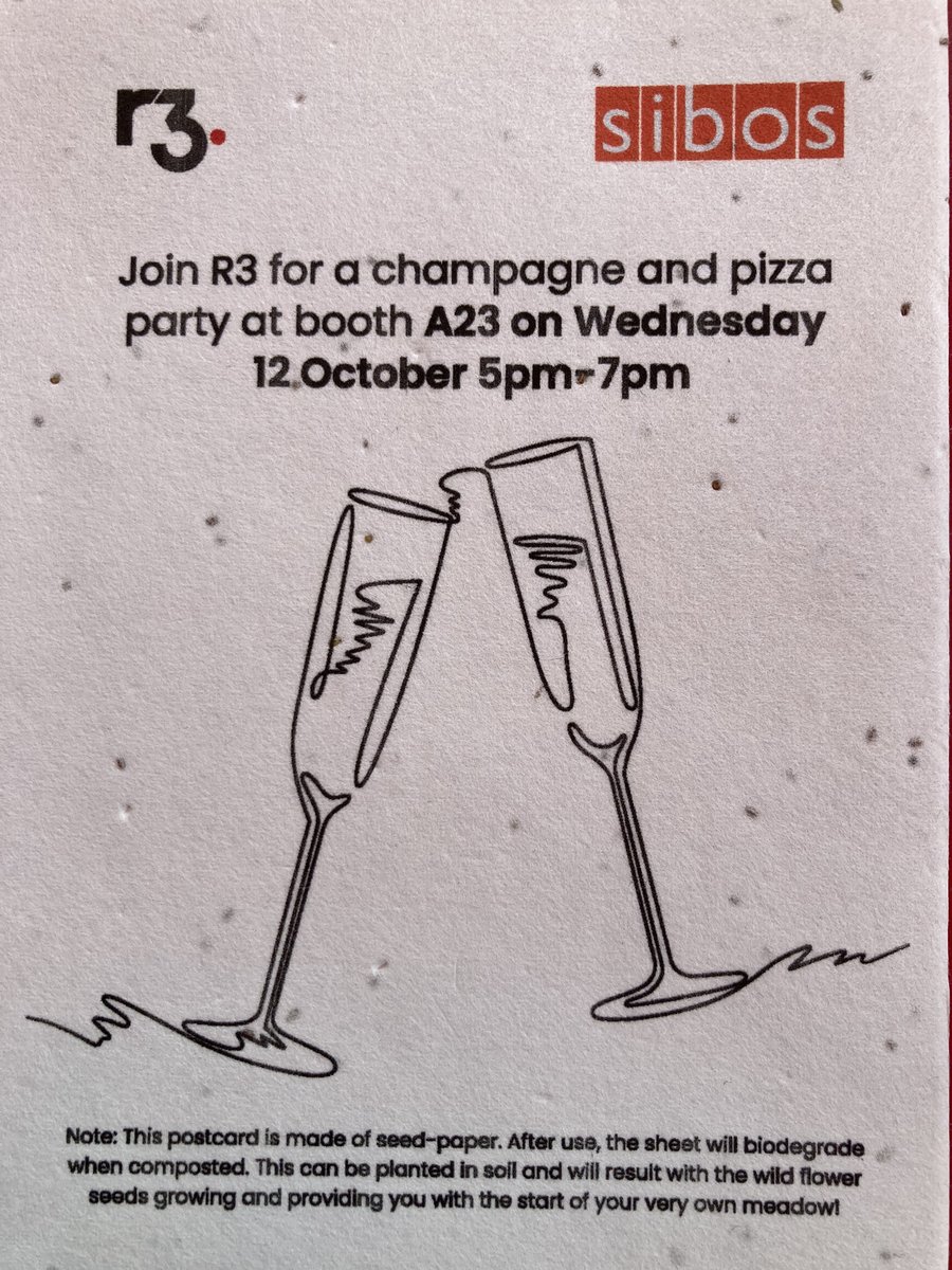 inside_r3's tweet photo. Join us for a #Sibos champagne and pizza party at booth A23 at 5-7pm today. Afterwards make sure to plant your invite and start your very own wild flower meadow! https://t.co/6ZBZ8Y8zOf