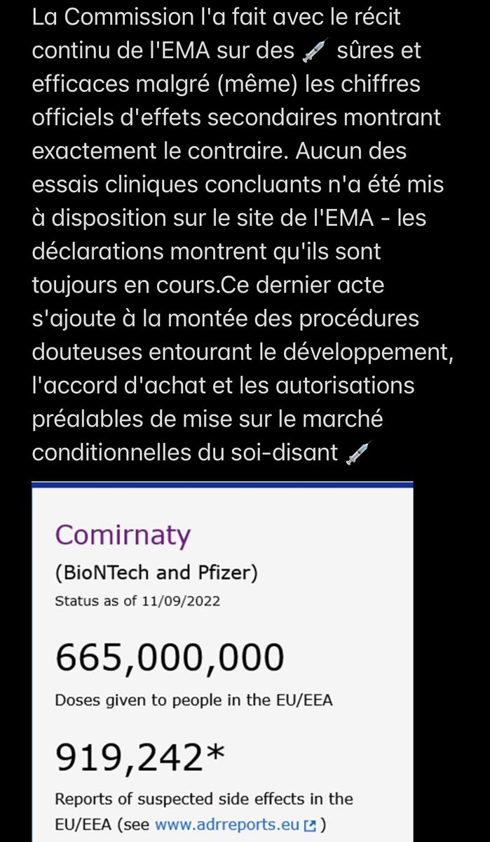 Pour rappel : La Commission européenne a autorisé la conversion de l'autorisation de mise sur le marché conditionnelle de Comirnaty en autorisation de mise sur le marché standard 😔😡⬇️ ema.europa.eu/en/human-regul…