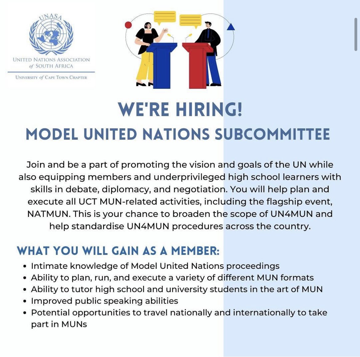 CALL FOR SUBMISSIONS: SUBCOMMITTEE APPLICATIONS ARE NOW OPEN! 🇺🇳

To apply, please send your CV and a short letter of motivation to uct@unasa.org.za
APPLICATIONS CLOSE 7 NOVEMBER AT MIDNIGHT.
DON'T MISS OUT!