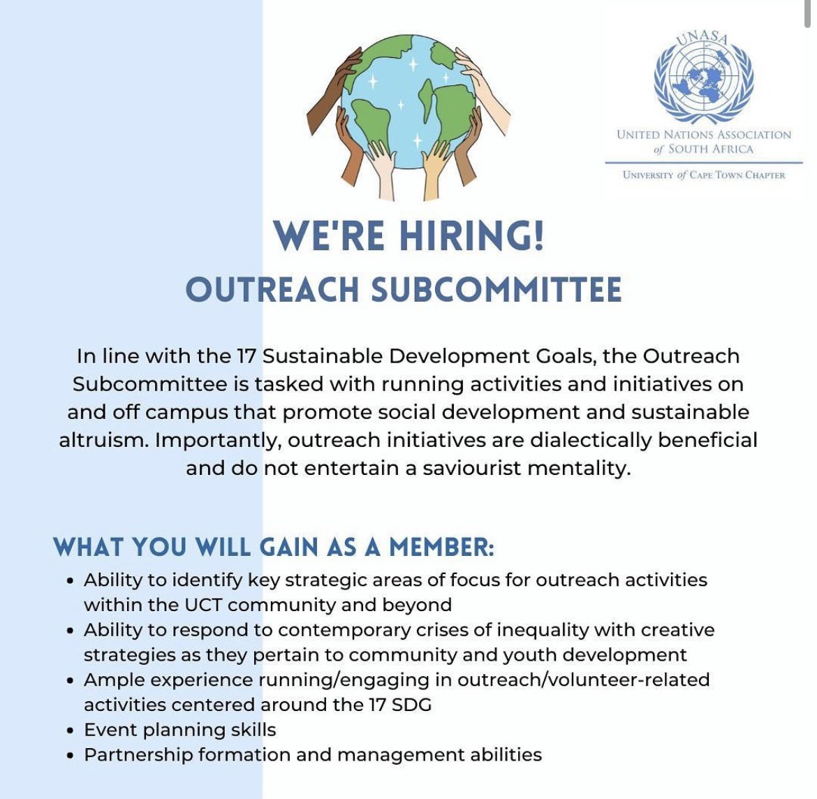 CALL FOR SUBMISSIONS: SUBCOMMITTEE APPLICATIONS ARE NOW OPEN! 🇺🇳

To apply, please send your CV and a short letter of motivation to uct@unasa.org.za
APPLICATIONS CLOSE 7 NOVEMBER AT MIDNIGHT.
DON'T MISS OUT!