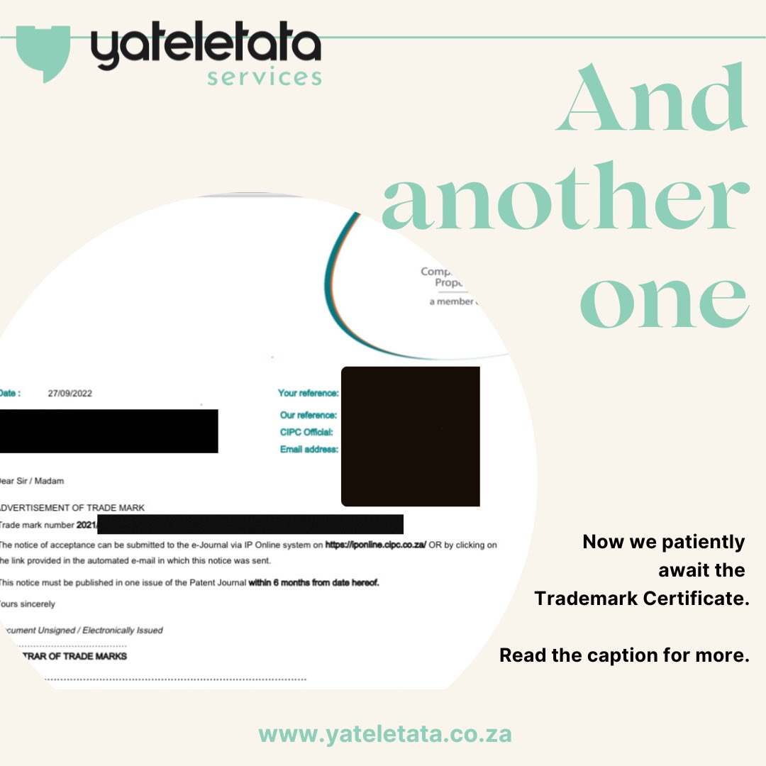 And another one…

We are excited about this trademark application update.

Now we wait with baited breath that we do not receive any objection but we receive a Trademark Certificate.

We will keep you updated…watch this space.