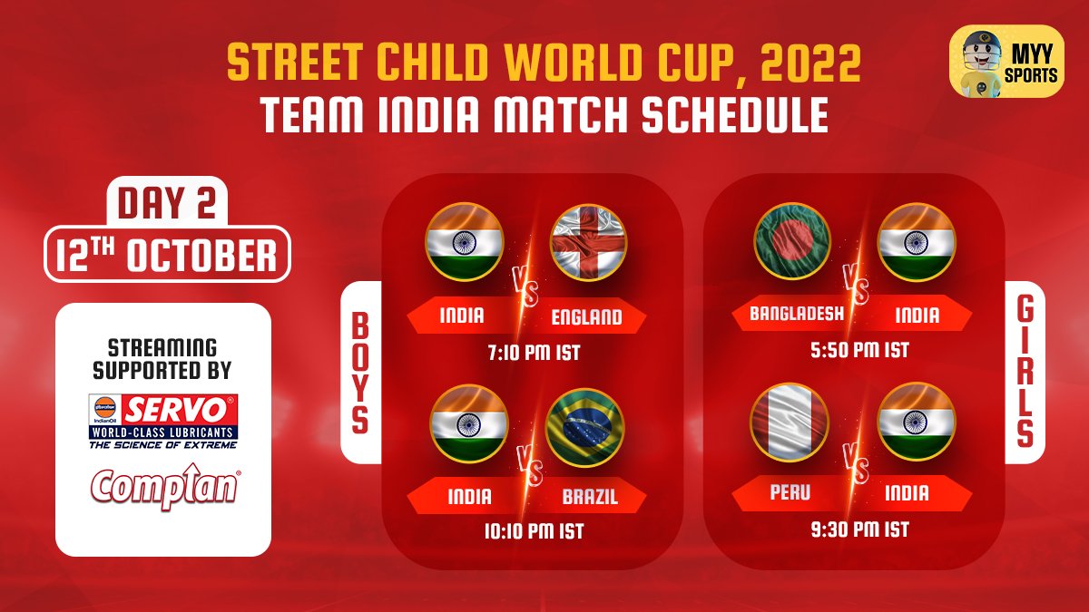 Day 2 of the #StreetChildWorldCup is here!

#TeamIndia - Boys play England and Brazil while the Girls face Bangladesh and Peru.

Don’t miss a kick, download the #MyySports app and get behind the Blues!

#Football #SCWC2022 #StreetlightsToFloodlights #BhangraFootball #BleedBlue https://t.co/7TaQq3NIUI