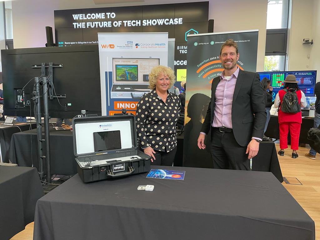 WestMids5G's tweet photo. Set up and ready to demonstrate remote colon capsule endoscopy technology @BirminghamTech #birminghamtechweek #BTW2022 #healthcaretech #endoscopy https://t.co/lUg0QNxxov