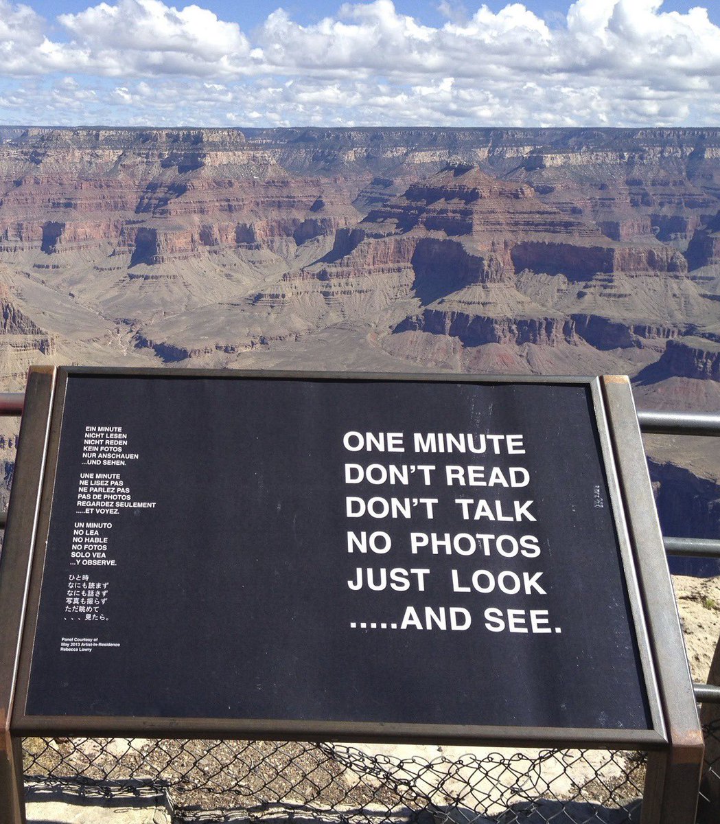 michaelfrost6's tweet photo. This sign sits on the rim of the Grand Canyon. We need the same sign when we’re playing with children, sitting down to eat a meal, listening to records, walking the beach, smoking a cigar, opening a book, painting, swimming, writing, and gardening. Just look… and see. https://t.co/X6ubatjwmh
