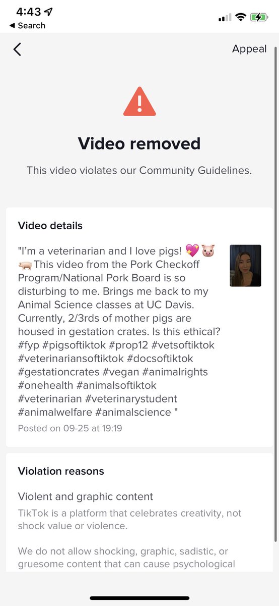 drcrystalheath's tweet photo. Wow! My popular TikTok that has been up for quite sometime showing pork checkoff propaganda and explaining the truth about gestation crates was just removed. So disappointing. #prop12 #animalscience #vetmed #vettwitter #vegan #animalrights https://t.co/iZmDu7NbYX