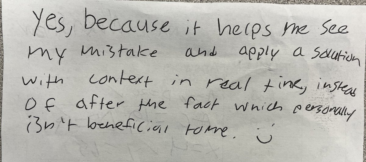 As Ss finish tests, I highlight incorrect problems &amp; they correct them by the end of class. I have been doing it a few years with standard level Ss &amp; know it helps. This year, I have advanced level Ss, &amp; I wanted their take. This comment is exactly why I do it . . .