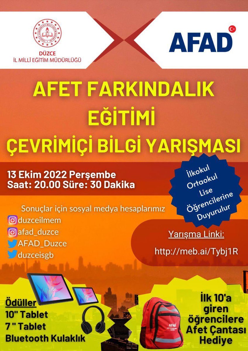 AFAD_Duzce's tweet photo. SEVGİLİ ÖĞRENCİLER;
#13Ekim Dünya Afet Risklerinin Azaltılması Günü kapsamında okulunuzda verilecek Afet Farkındalık Eğitimi sonrası il genelinde, ilk, orta ve lise öğrencilerimize yönelik yapılacak online sınav sonrası büyük ödüller sizi bekliyor. 
@duzce_valiligi 
@duzce_mem https://t.co/vmRSZCEVdS