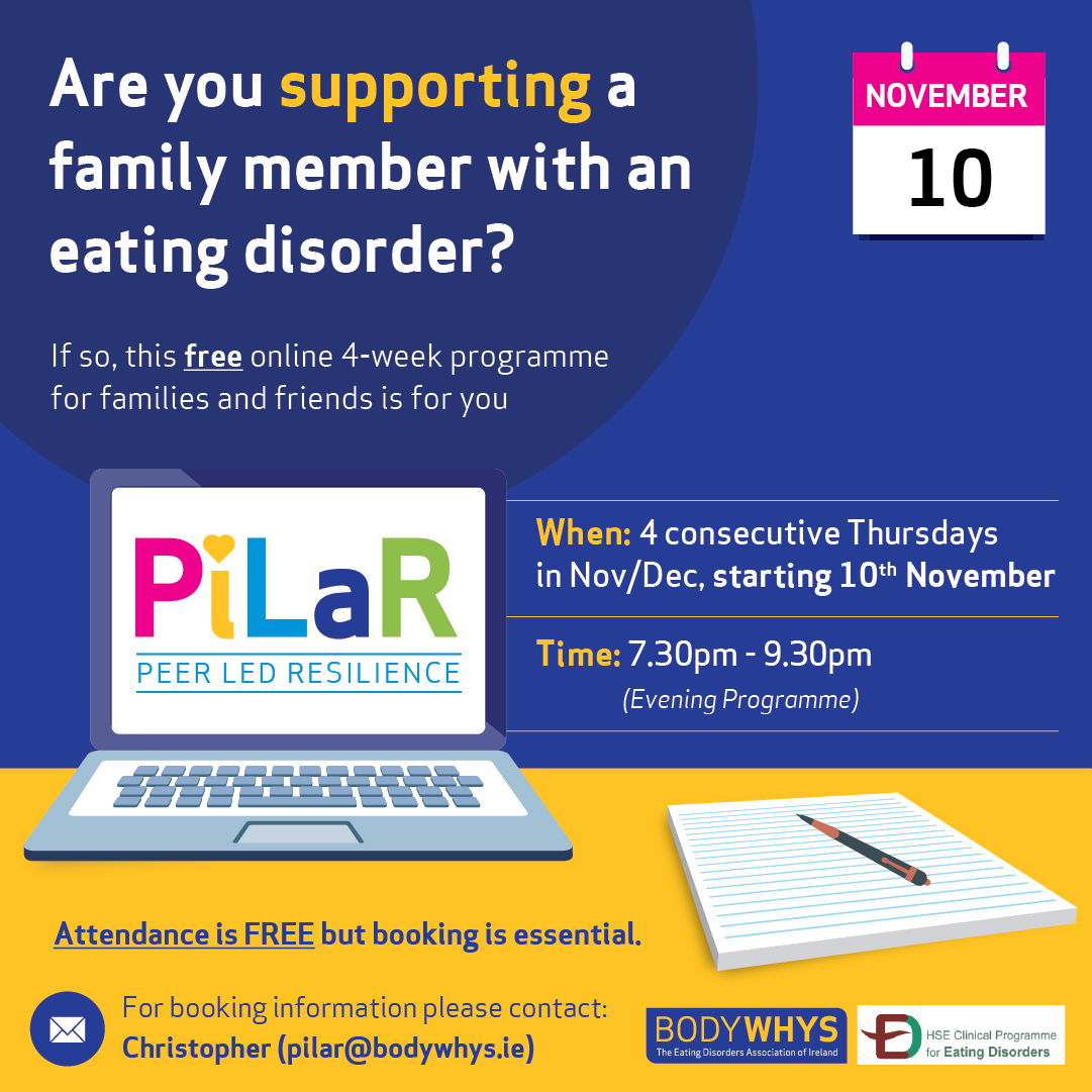 🔔Upcoming PiLaR programme for family members and friends🔔 📅Starts: Thursday evening, November 10th 🕖7.30pm-9.30pm 🧾For bookings: Please fill out the form here: bodywhys.ie/supporting-som… or contact: pilar@bodywhys.ie @HarrietParsons @NCP_ED @MaryButlerTD @LDCEDS @CAREDSCork