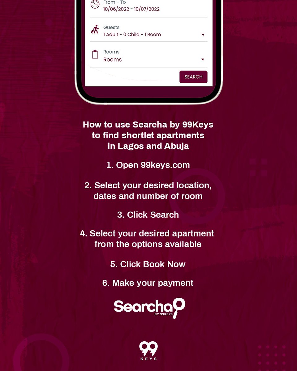 get99keys's tweet photo. What is the fastest way to book a short-let apartment in Lagos or Abuja? Searcha by 99Keys!

With Searcha, you can search, select and book your apartment of choice in just minutes!

Get started with Searcha!

#Searcha #SearchaBy99Keys #SearchBookEnjoy https://t.co/JiXdFDs4Me