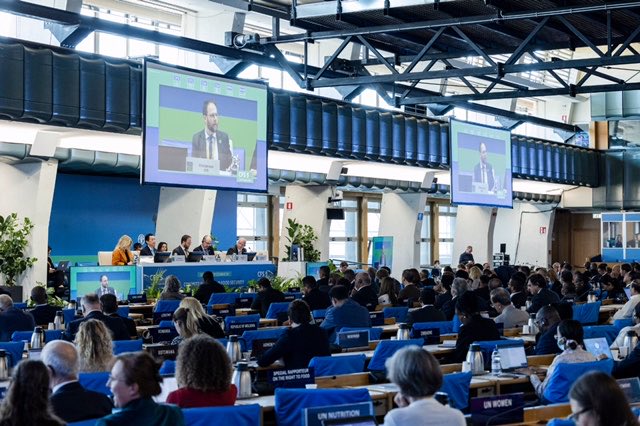 ⁦<a href="/UN_CFS/">CFS</a>⁩ 50 is underway; new negotiated Reccs on #Youth just adopted, review of CFS #RAI Principles and finance for #foodsecurity and #nutrition needs later today. Great turnout; strong results!  Join us!