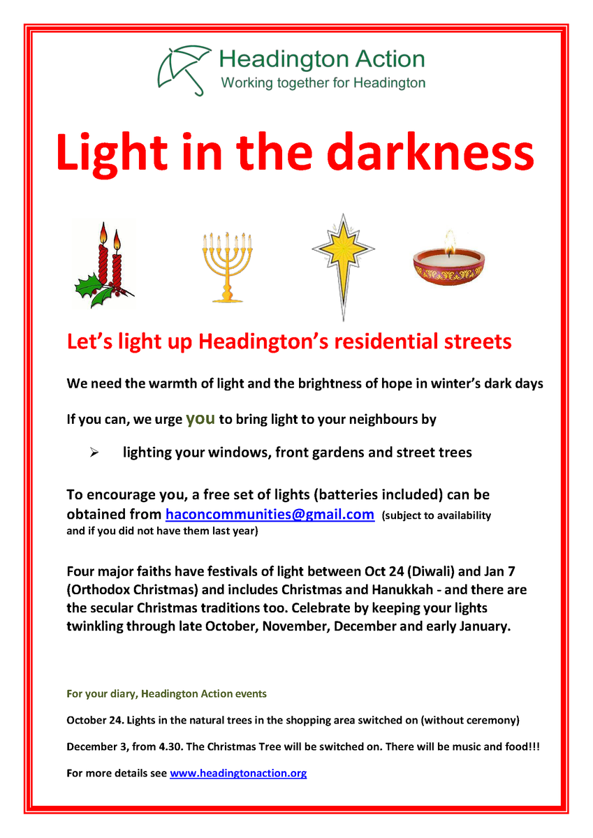 Light up your streets this season. Headington Action is giving away 20 sets of low energy battery operated strings of led lights for street trees, front gardens and windows. Details below.