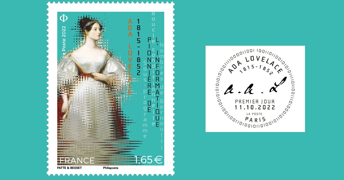 telecomparis's tweet photo. @GroupeLaPoste émet un #timbre à l’effigie d’Ada Lovelace, #pionnière de l’#informatique, le 12 octobre 2022.
Elle est aujourd’hui considérée comme la première #programmeuse de l’histoire.

👇 En savoir plus https://t.co/DjIyGzg6IC https://t.co/9diSy7ojf7