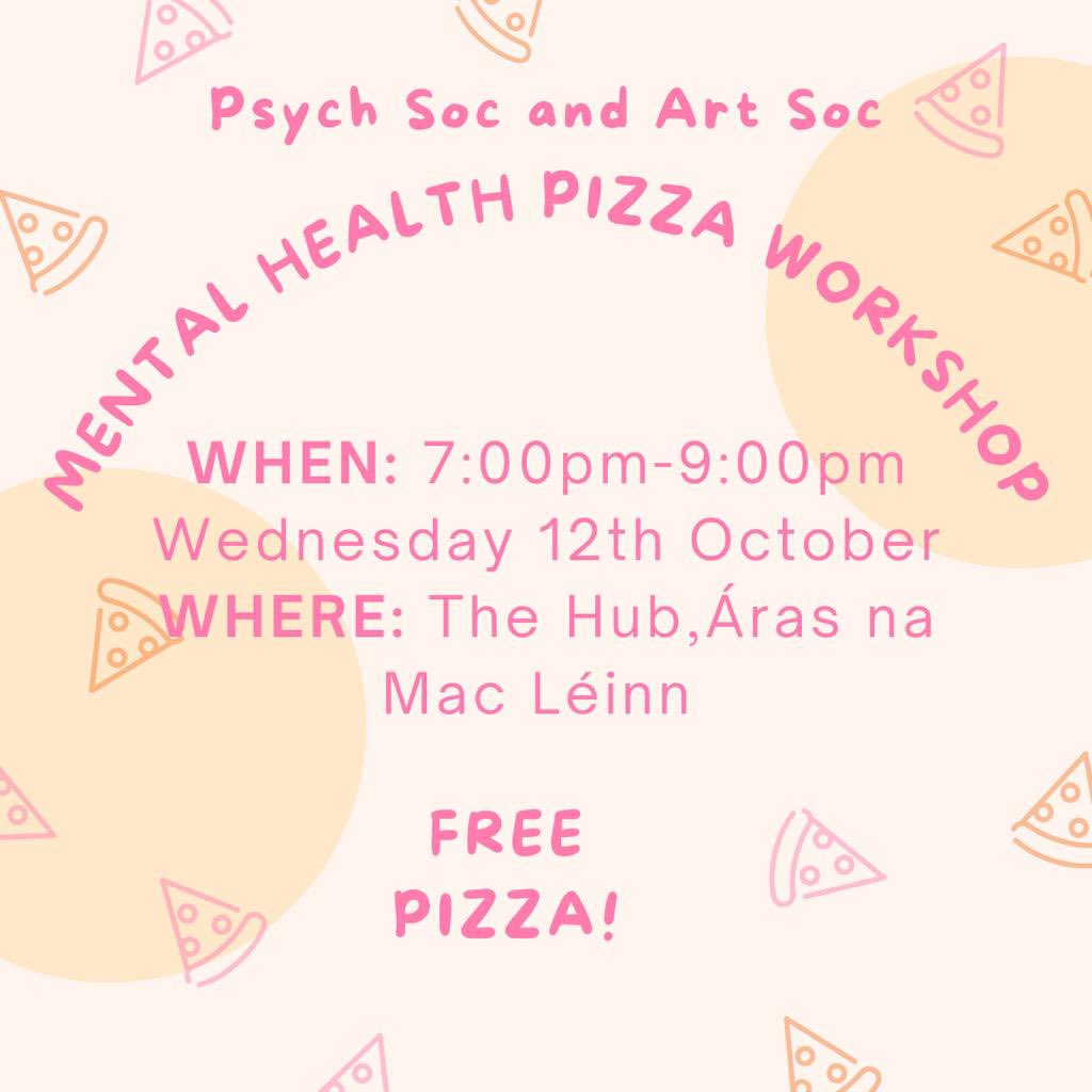 ArtSocUG's tweet photo. 🍕 Pizza themed mental health workshop taking place tonight 🍕 
Join us tonight in the hub for a workshop on useful coping mechanism. We will also provide art supplies and free pizza!! 😄
Taking place from 7pm-9pm!
Hope to see you all there! https://t.co/HeN5IZ78T7