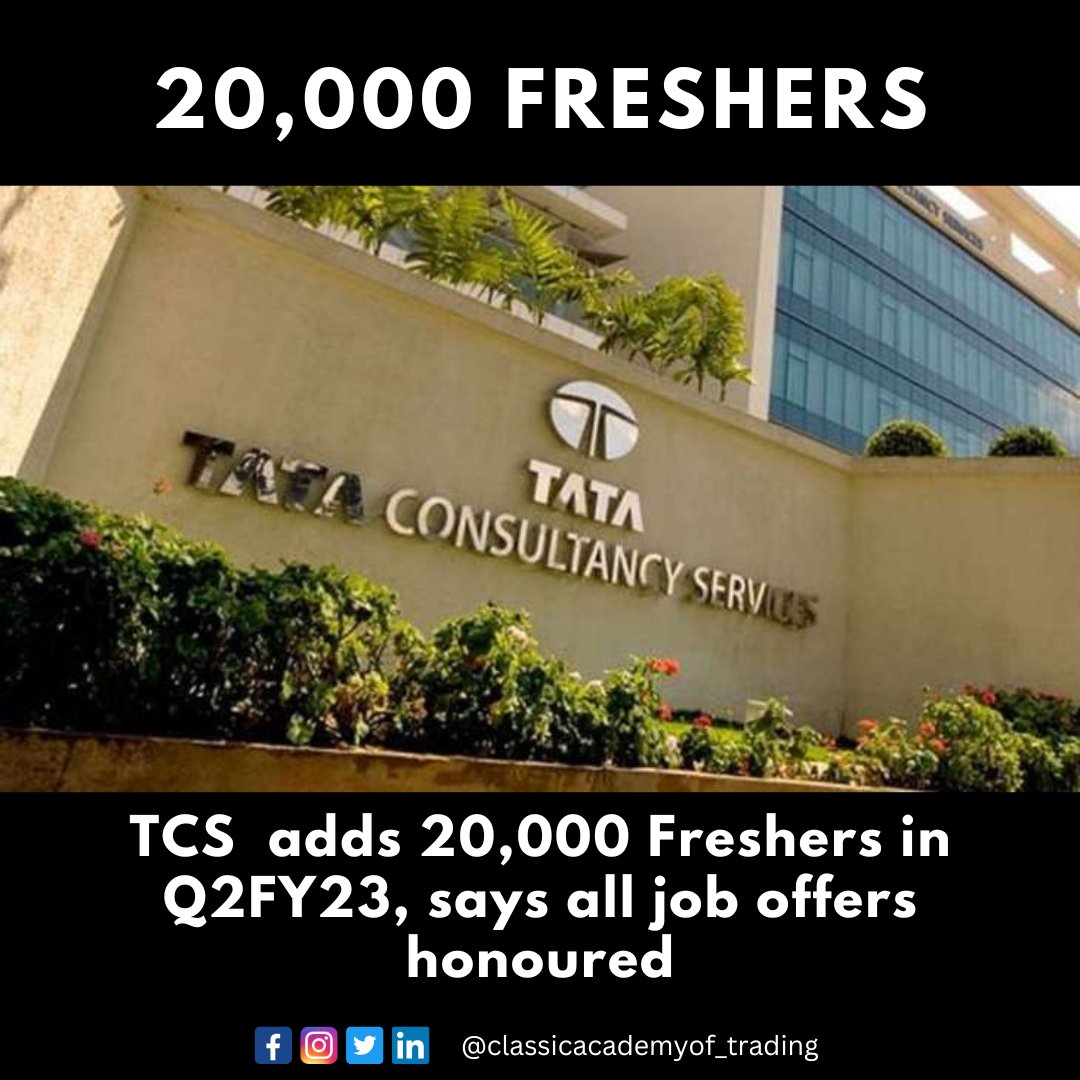 TradingClassic's tweet photo. TCS  adds 20,000 Freshers in Q2FY23

#Wipro #StockMarkets #SEBI #optionbuying #Sensex #OptionsTrading #nse #bse #stockmarketupdate #stockmarketnews #sharemarket #stockmarketindia #stockmarkettips #Diwali2022 #pms #sharemarketupdate #eveningupdate https://t.co/xj7ZMNupwf