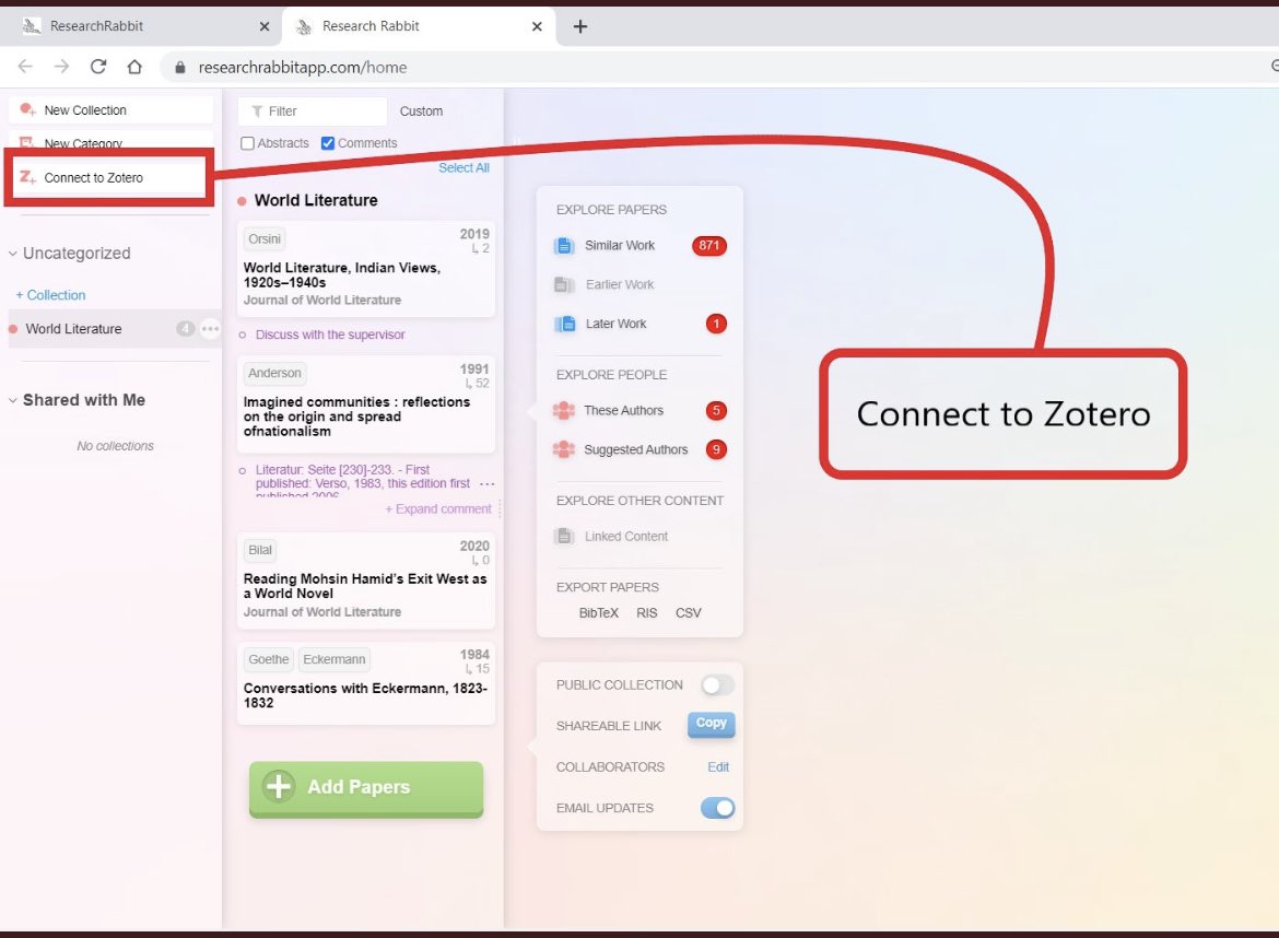aholmes503's tweet image. I saw this on Twitter today. #zotero  &amp;amp; #ResearchRabbit combined = game changer! What did I do before #AcademicTwitter