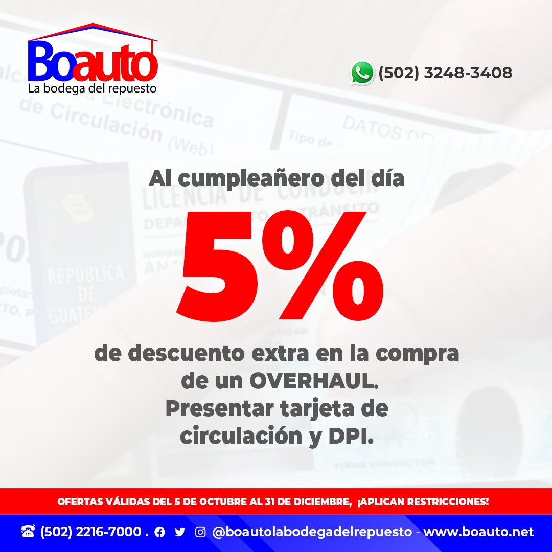 BoautoRepuestos's tweet photo. Hoy queremos celebrar al cumpleañero del día.🎊🎉🥳
Presenta tu DPI y tarjeta de circulación y te damos 5% extra de DESCUENTO por tu compra de un Overhaul.
#Boauto #Overhaul
#BoautoLaBodegaDelRepuesto
#mantenimientocarros #reparacionvehiculos
#Repuestos #Cumpleañeros https://t.co/MfmjWFCX1R