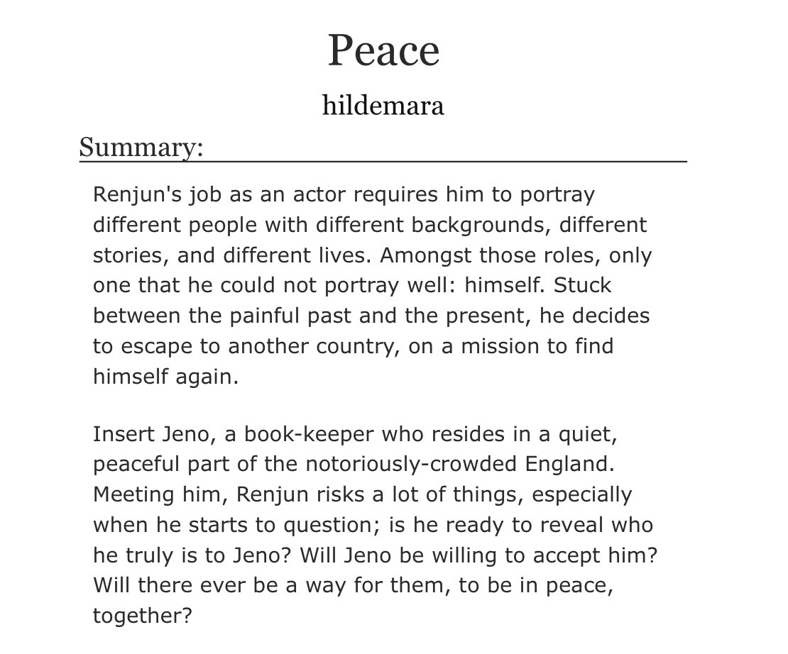 Peace 🥨 renjun/jeno 🥨 eng, 14.6k words (currently) 🥨 rated E 🥨 tw // abusive past relationship , graphic depiction of panic attack 🥨 written for @nct00fest