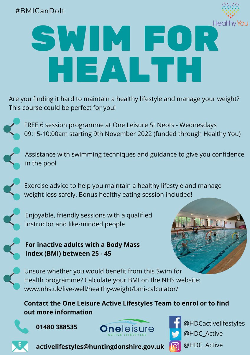 HDC_Active's tweet photo. 🏊 New dates for Swim for Health at @oneleisureuk starting in November! 🏊

Ramsey - Fridays 9:15 - 10:00 4th Nov - 9th Dec
St Neots - Wednesdays 09:15-10:00 9th Nov - 14th Dec 

Contact us to sign up now, as places are limited: https://t.co/zxHLkyFOwd 

@huntsdc 
@HealthyYouCP https://t.co/C5UAeN0n0h