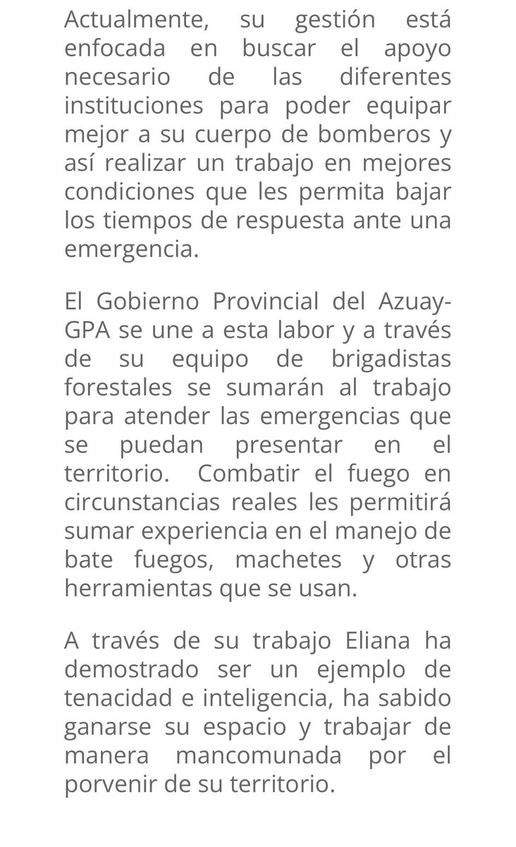 Quiero agradecer a la Sra. Prefecta del Azuay. Socióloga <a href="/Cecilia/">Cecilia</a> Mendez Mora, por reconocer y resaltar el trabajo que he venido desarrollando durante estos años al frente de tan importante institución como lo es Cuerpo de Bomberos El Pan.