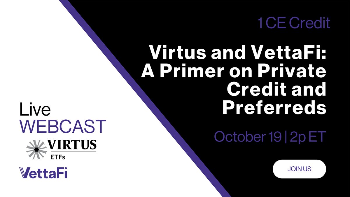VirtusETFS's tweet photo. October 19 Live Webcast “A Primer on Private Credit and Preferreds” with @VirtusETFS, WallachBeth Capital @WBCtweet, and @InfraCap discuss #privatecredit and #preferreds, moderated by @LaraCrigger, Editor-in-Chief at @Vetta_Fi. #CECredit
Register: https://t.co/Xh1Pe3FQOX https://t.co/shLsgG1S9v