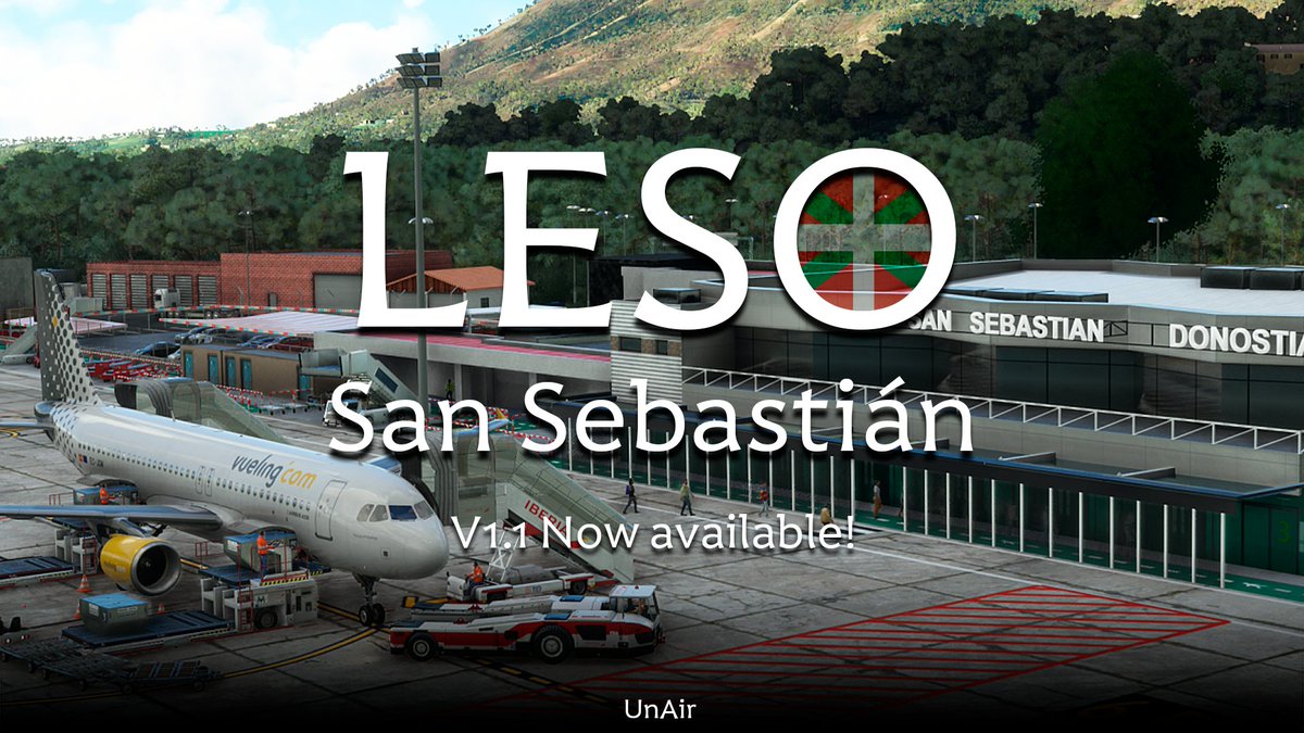 San Sebastián (LESO) V1.1 is now available for download! ❤️💚🤍
- Updated for full compatiblity with SU10.
- Added full compatibility with GSX for MSFS.
- Reworked all Ground Poly (Apron textures, taxilines and markings.)
Buy now! 📁: linktr.ee/UnAir