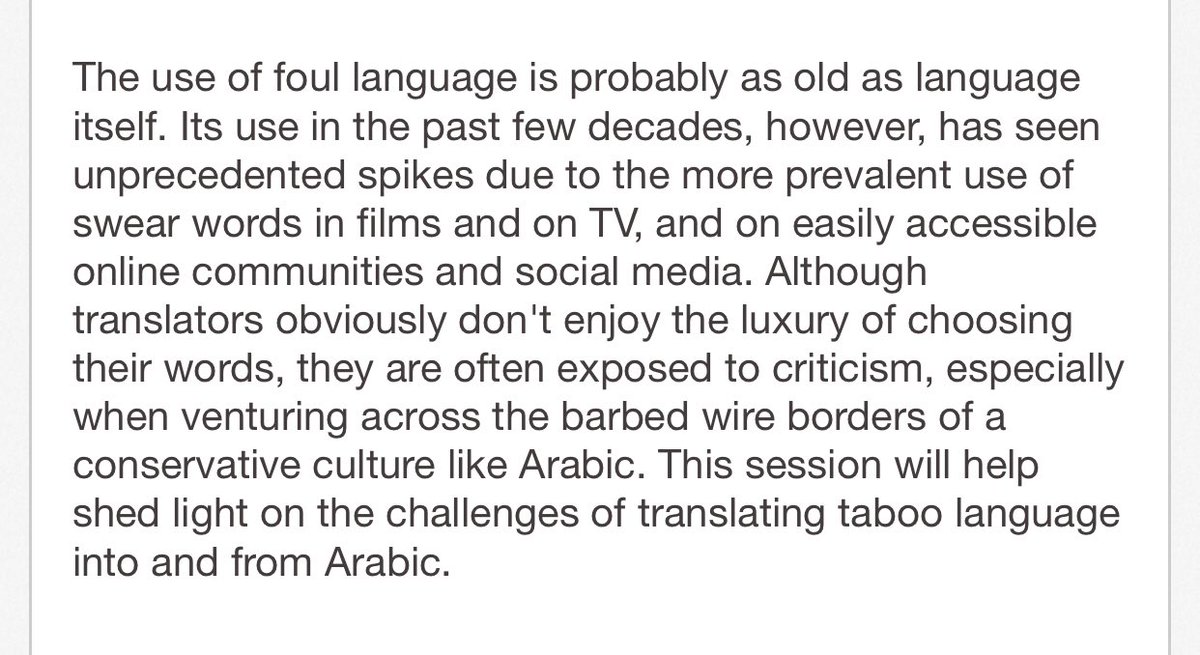 The presentation language is English.Dominance of Arabic examples, but the challenges are the same across the board. Mostly decent, but we can’t swim in the ocean and stay dry!Some examples are foul. Over sensitive to profanity need to know. No moral preaches!
#ata63 #ata63Arabic