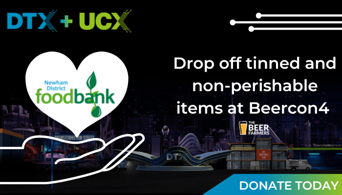 DTX360's tweet photo. !! @TheBeerFarmers are running a food donation scheme at #BeerCon4 at DTX Europe, where you can drop off tinned and non-perishable items that will be given to Newham Food Bank!! 

(Theres even a Tesco over the road from ExCel) 

🙏Please donate if you can! 

#HereForYou #DTX2022 https://t.co/2eLtXI1Clh