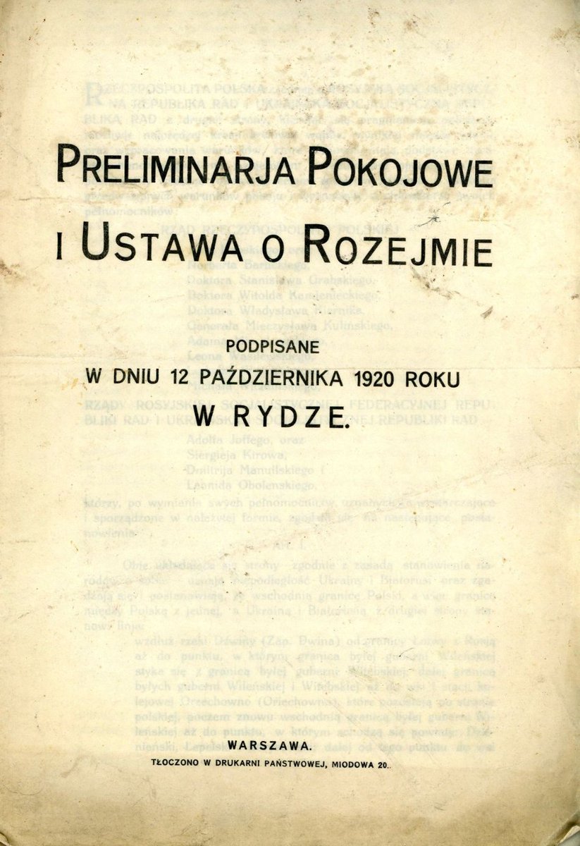 HistDyplomacji's tweet photo. 12 X 1920 - o godz. 17.50 w Rydze miało miejsce podpisanie traktatu preliminaryjnego w wojnie polsko-bolszewickiej. Rozejm wszedł w życie 18 X. Pokój zawarty w następnym roku nie zbudował jednak dla Rzeczypospolitej trwałych fundamentów. /AAN https://t.co/7CHnNoHf1R