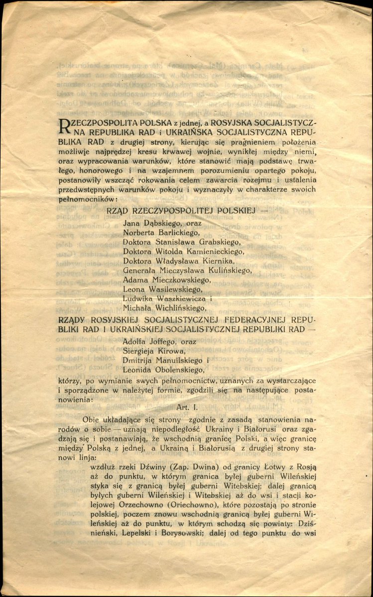 12 X 1920 - o godz. 17.50 w Rydze miało miejsce podpisanie traktatu preliminaryjnego w wojnie polsko-bolszewickiej. Rozejm wszedł w życie 18 X. Pokój zawarty w następnym roku nie zbudował jednak dla Rzeczypospolitej trwałych fundamentów. /AAN