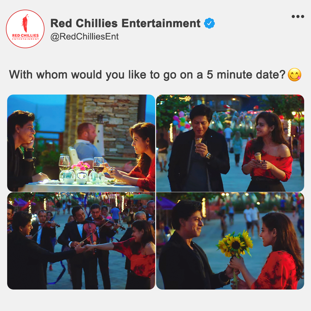 Tag someone with whom you would like to go on this date😋

#ShahRukhKhan #SRK #Kajol #ShahRukhKajol #Dilwale #RedChilliesEntertainment #Bollywood #BollywoodMovies #Date #RomanticDate #MovieScene #Movies #IndianFilms